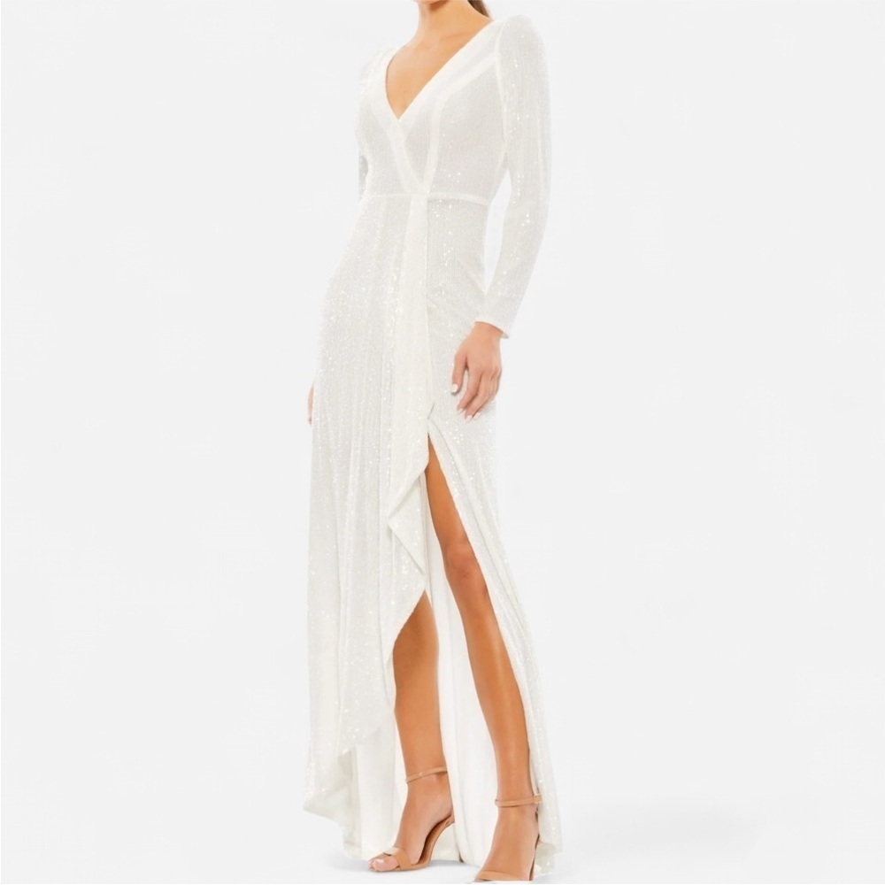 Mac Duggal Faux Wrap Long Sleeve Sequin Gown in White